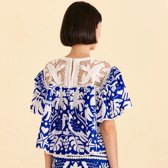 FARM RIO Navy Blue Jungle Scarf Lace Ruffle Sleeve Blouse - Picture 3 of 16